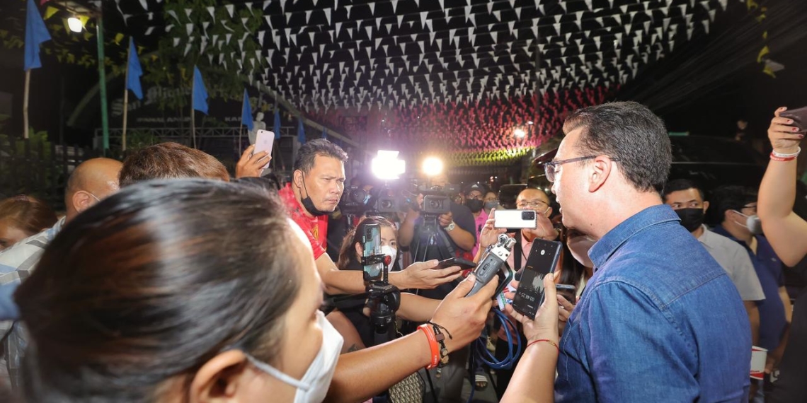 Former House Speaker Alan Peter Cayetano speaks to the media in Masantol, Pampanga