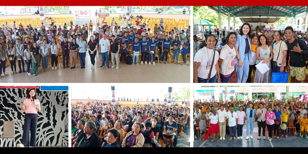 Pia Cayetano is featured in a collage of photos, engaging with various groups and addressing large crowds at events.